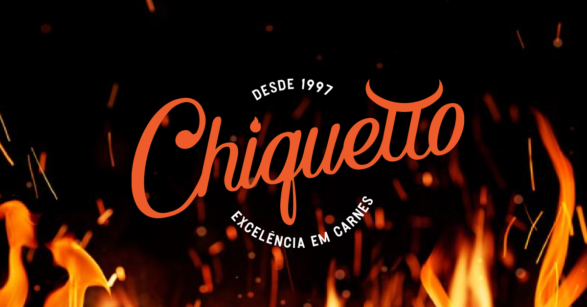 Ima imagem de fogo em um fundo preto e com a marca da Empresa Açougue Chiquetto com os Dizeres Excelência em carnes